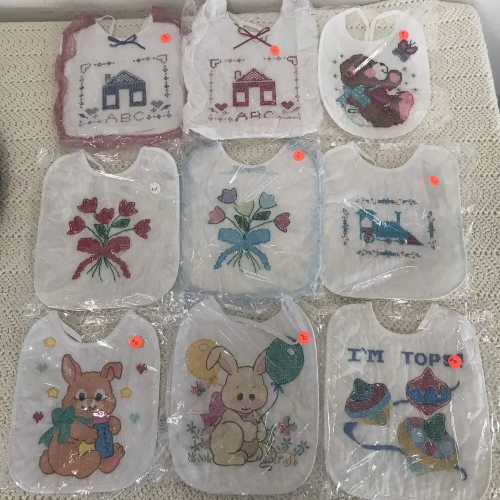 Lot Of 9 Cross Stitch Baby Bibs Animal Flower Train Themed - New